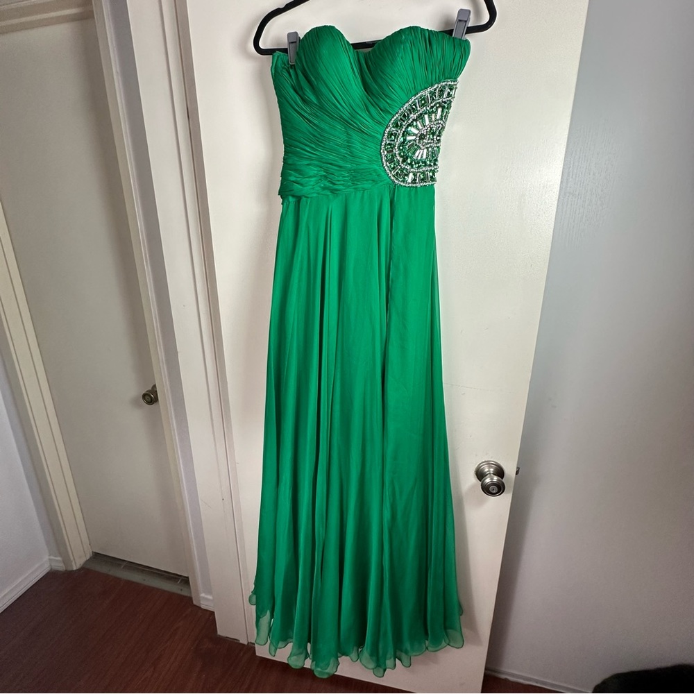 Sherri Hill EmeraldGreen Strapless PleatedTop Rhinestone/Jeweled Chiffon Dress 4 - Picture 4 of 16